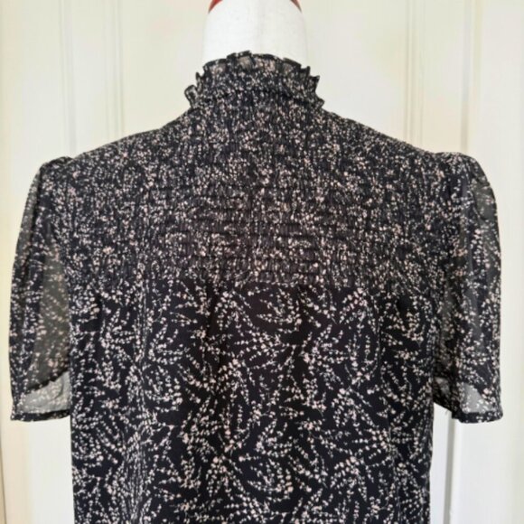 PETITE ASSEMBLY Black Printed Tie Neck Short Sleeve Blouse Size LP - Picture 9 of 12